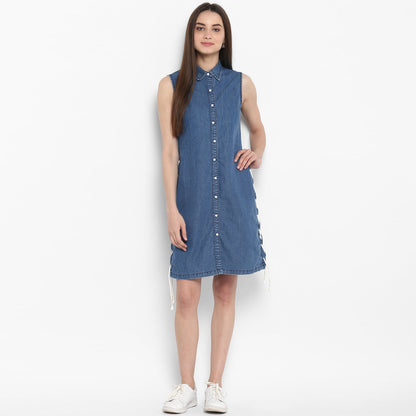 Women's Denim Dress with White Draw String Insert