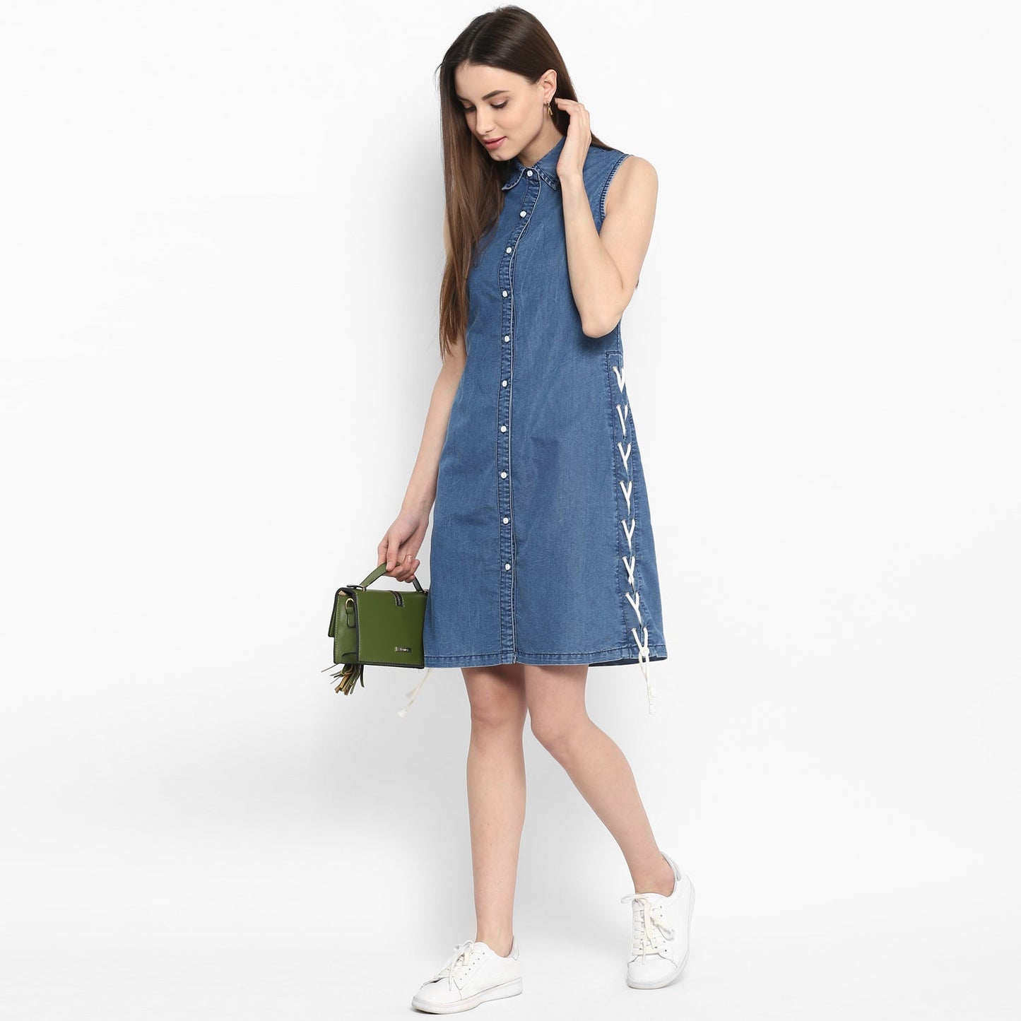 Women's Denim Dress with White Draw String Insert