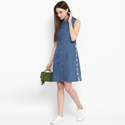 Women's Denim Dress with White Draw String Insert