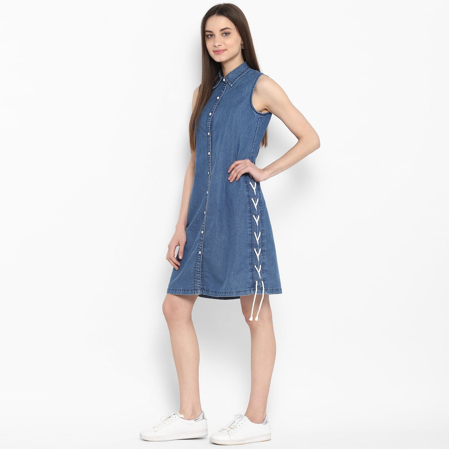 Women's Denim Dress with White Draw String Insert