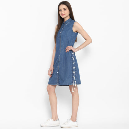 Women's Denim Dress with White Draw String Insert