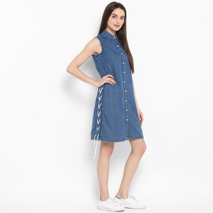 Women's Denim Dress with White Draw String Insert