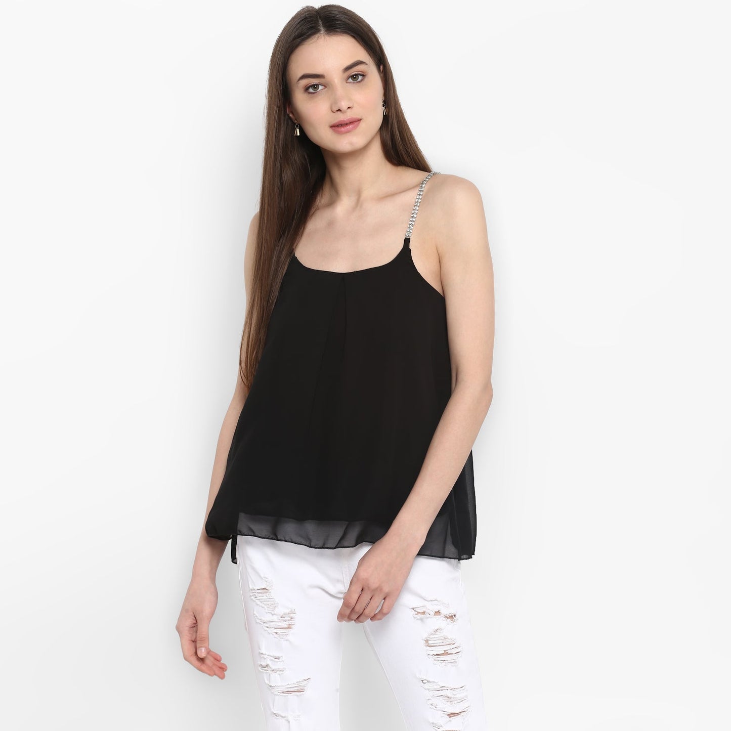 Women's Black Polyester Diamond Strap Top with Lining