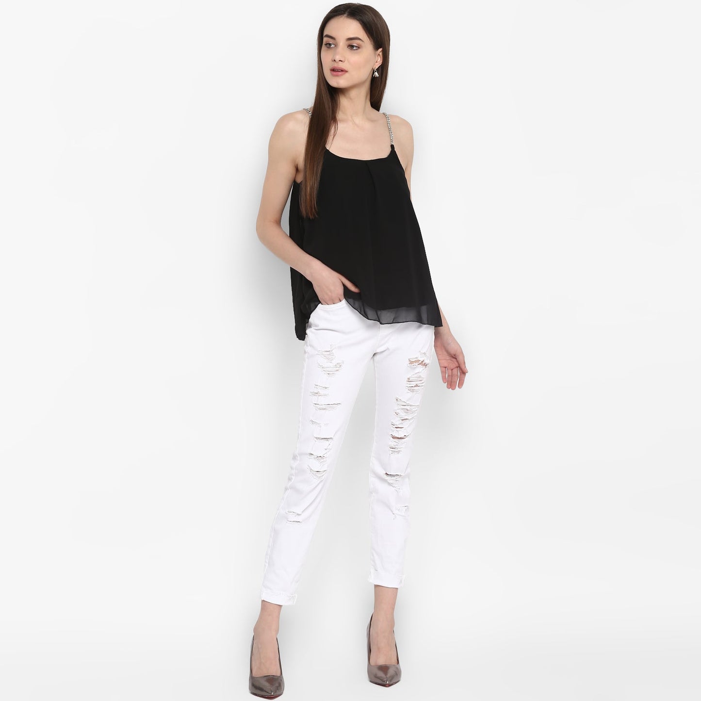 Women's Black Polyester Diamond Strap Top with Lining
