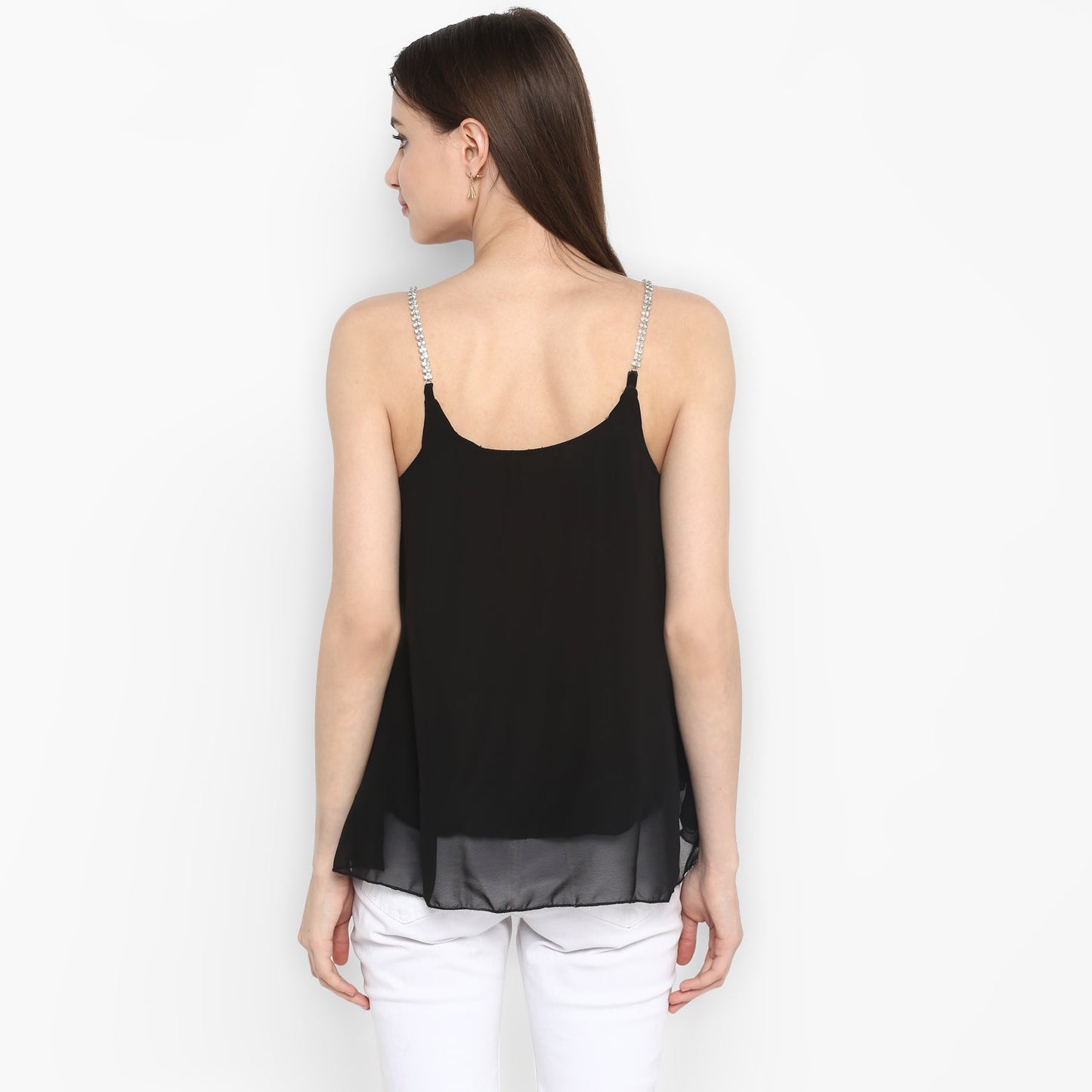 Women's Black Polyester Diamond Strap Top with Lining