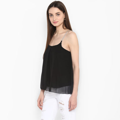 Women's Black Polyester Diamond Strap Top with Lining