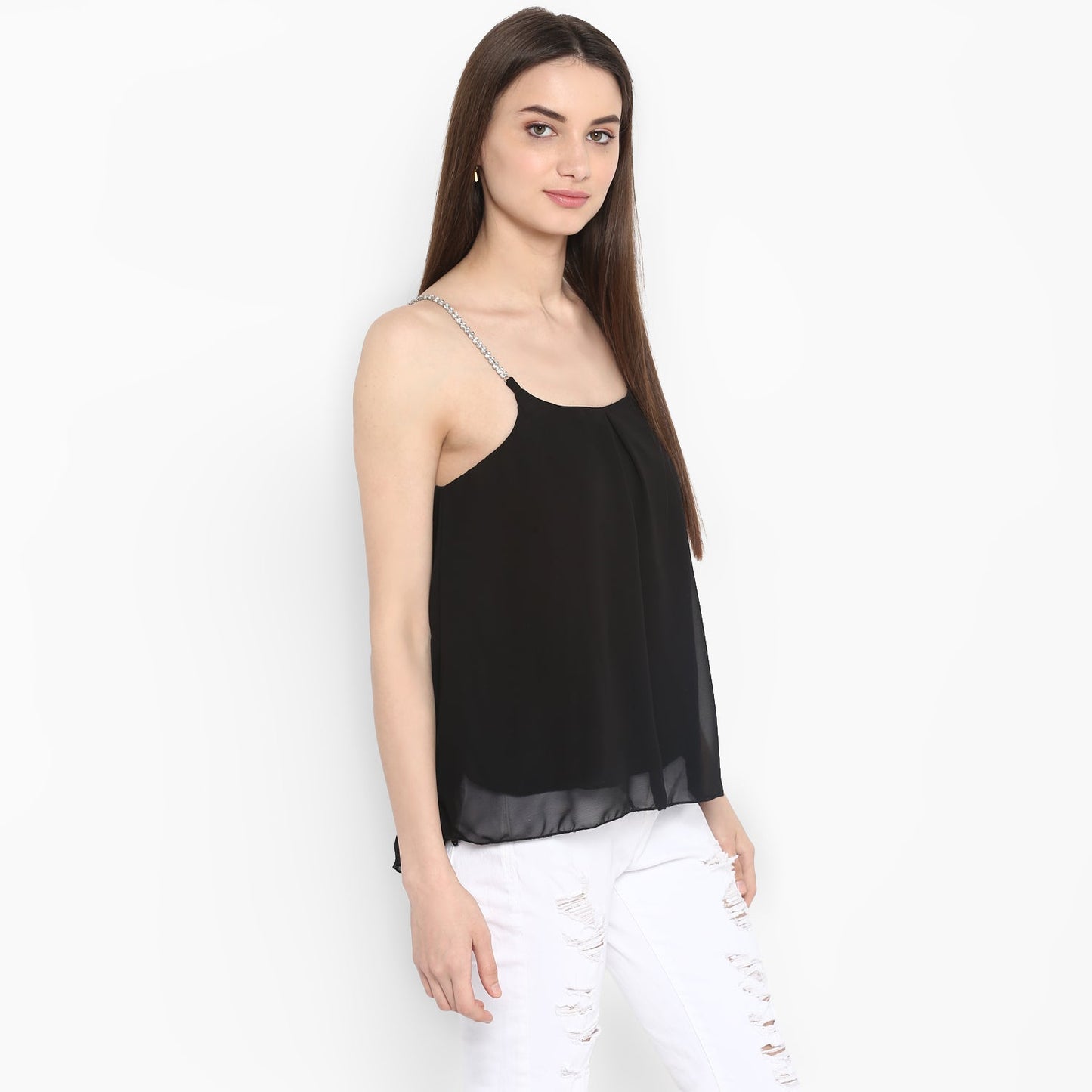 Women's Black Polyester Diamond Strap Top with Lining