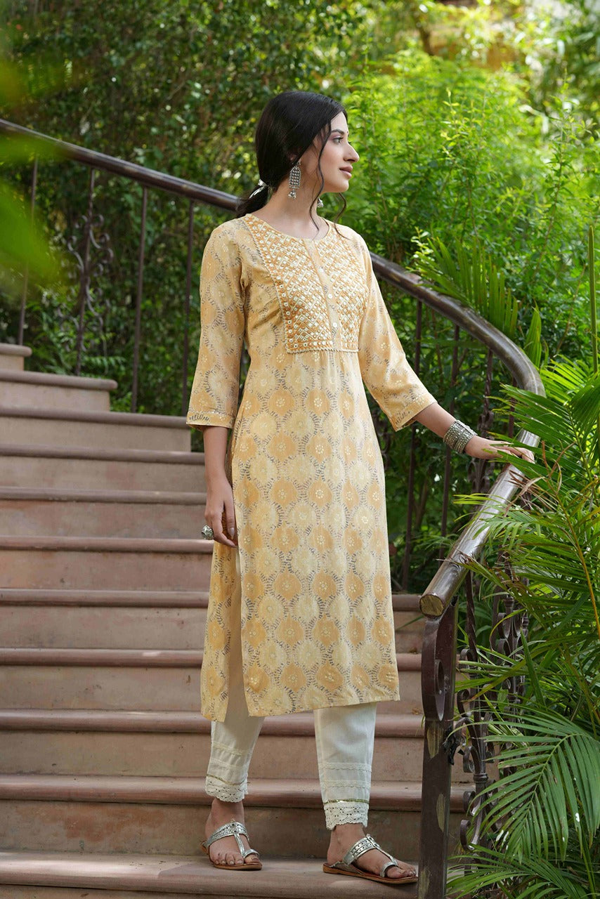 Women's  Beige Muslin Festive Wear Mirror Work Straight Kurta