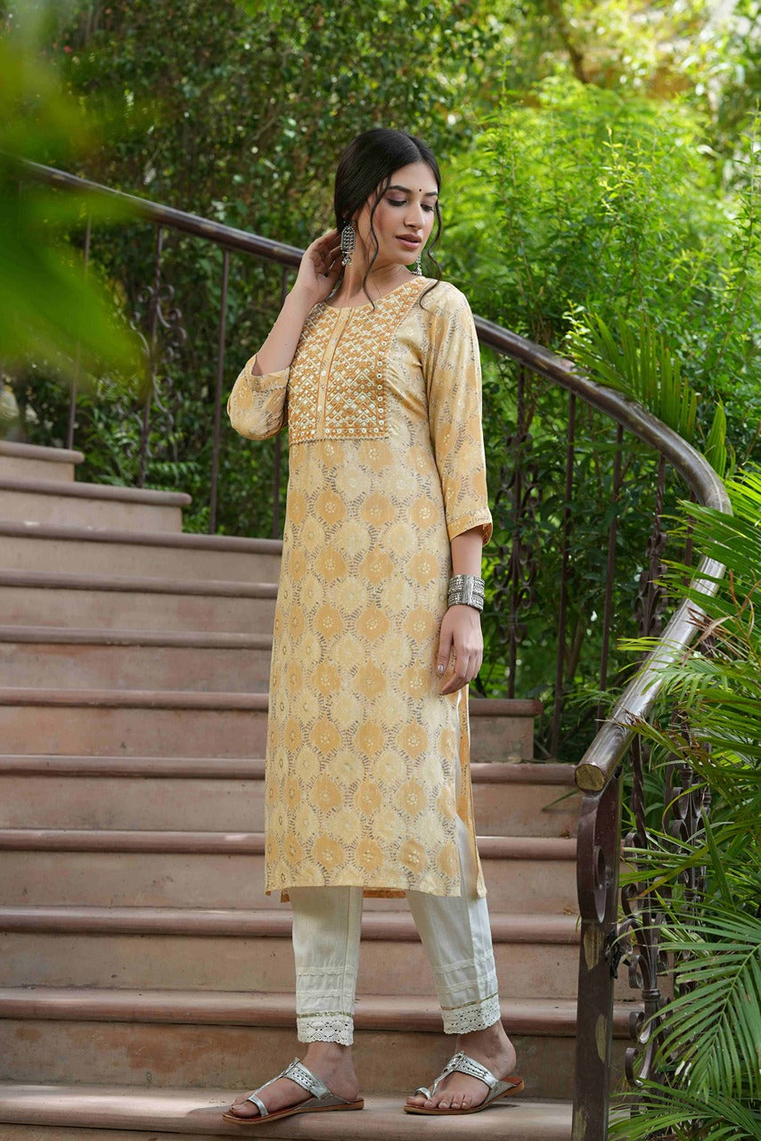 Women's  Beige Muslin Festive Wear Mirror Work Straight Kurta