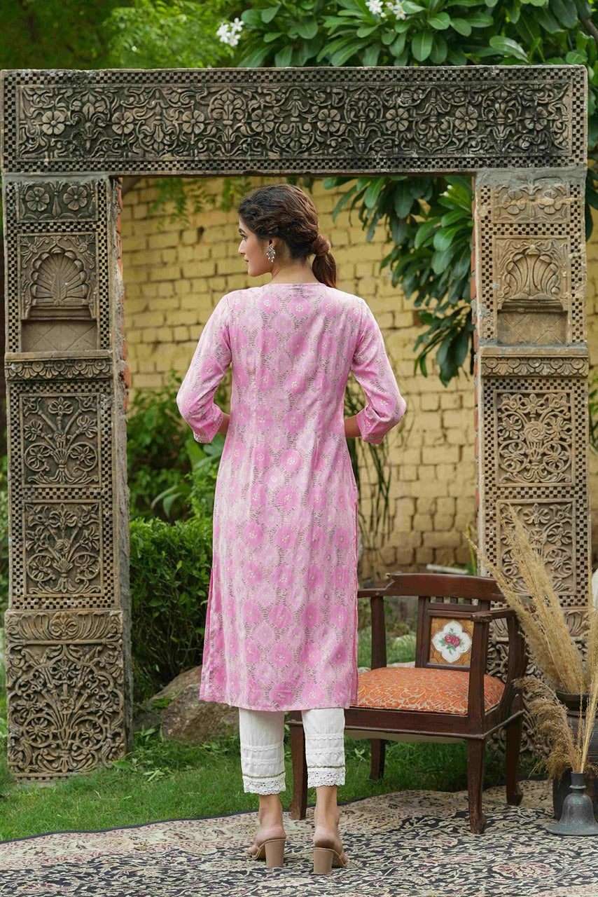 Women's  Pink Muslin Festive Wear Mirror Work Straight Kurta
