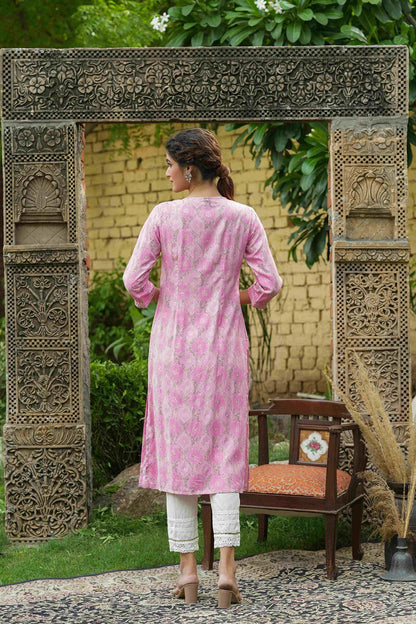 Women's  Pink Muslin Festive Wear Mirror Work Straight Kurta