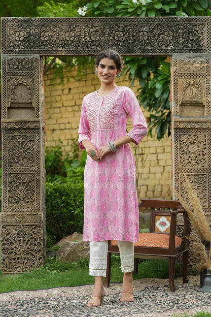 Women's  Pink Muslin Festive Wear Mirror Work Straight Kurta
