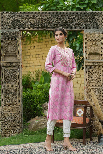 Women's  Pink Muslin Festive Wear Mirror Work Straight Kurta