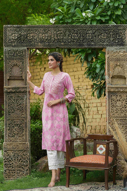 Women's  Pink Muslin Festive Wear Mirror Work Straight Kurta