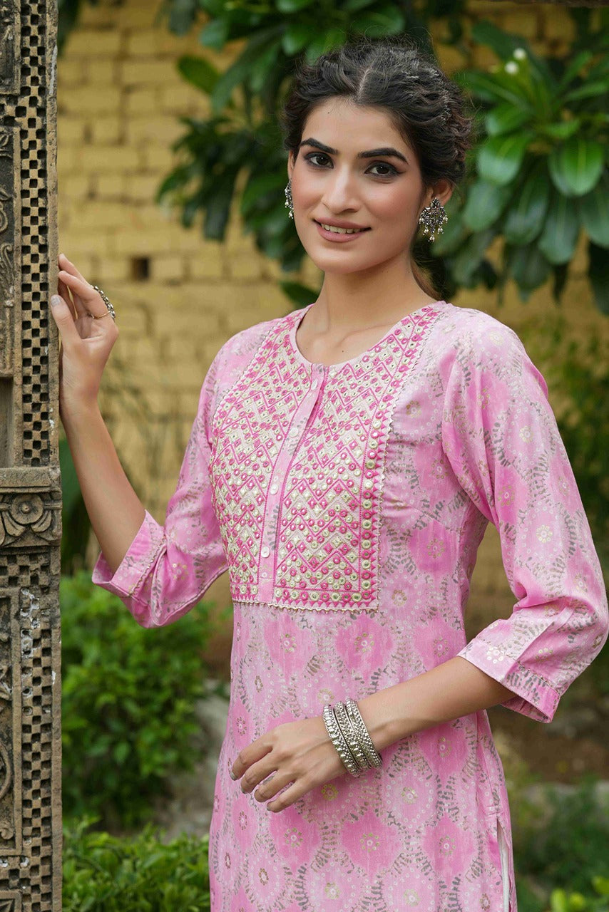 Women's  Pink Muslin Festive Wear Mirror Work Straight Kurta