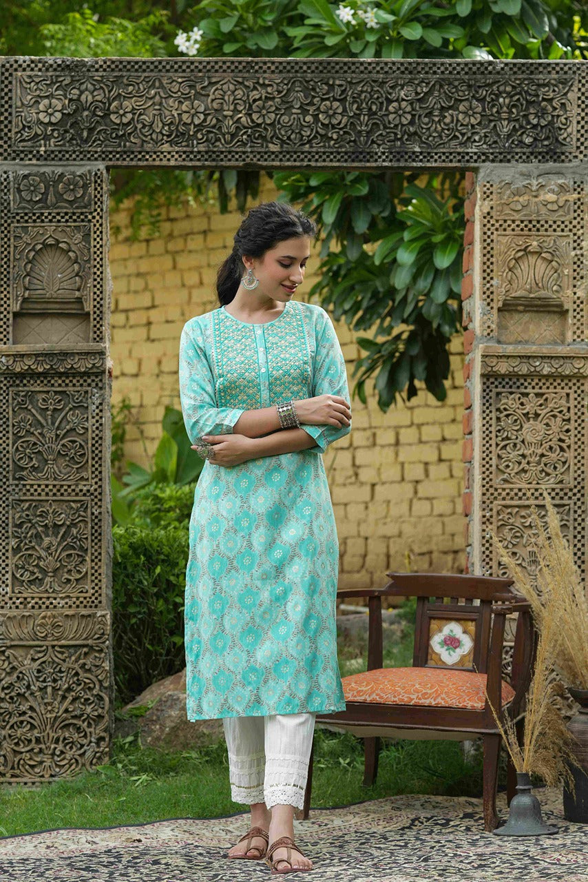 Women's  Skyblue Muslin Festive Wear Mirror Work Straight Kurta