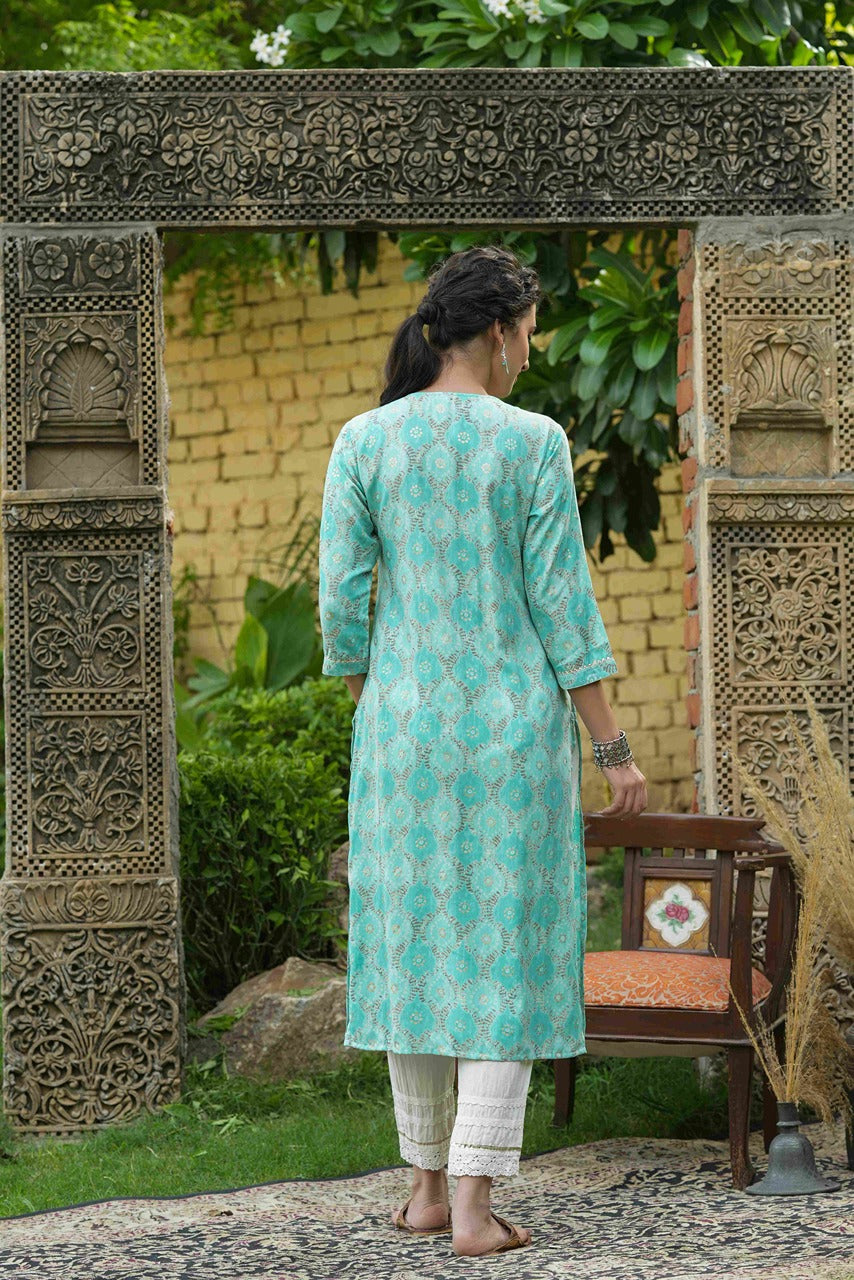 Women's  Skyblue Muslin Festive Wear Mirror Work Straight Kurta