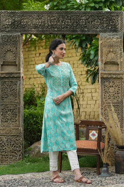 Women's  Skyblue Muslin Festive Wear Mirror Work Straight Kurta