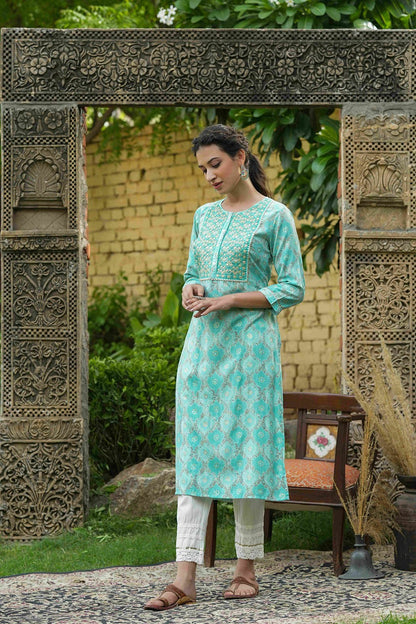 Women's  Skyblue Muslin Festive Wear Mirror Work Straight Kurta