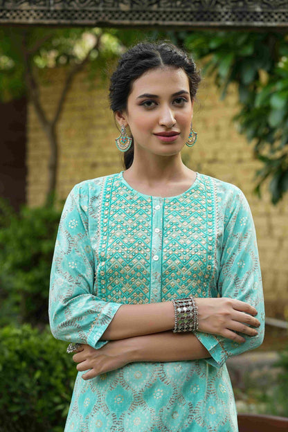 Women's  Skyblue Muslin Festive Wear Mirror Work Straight Kurta