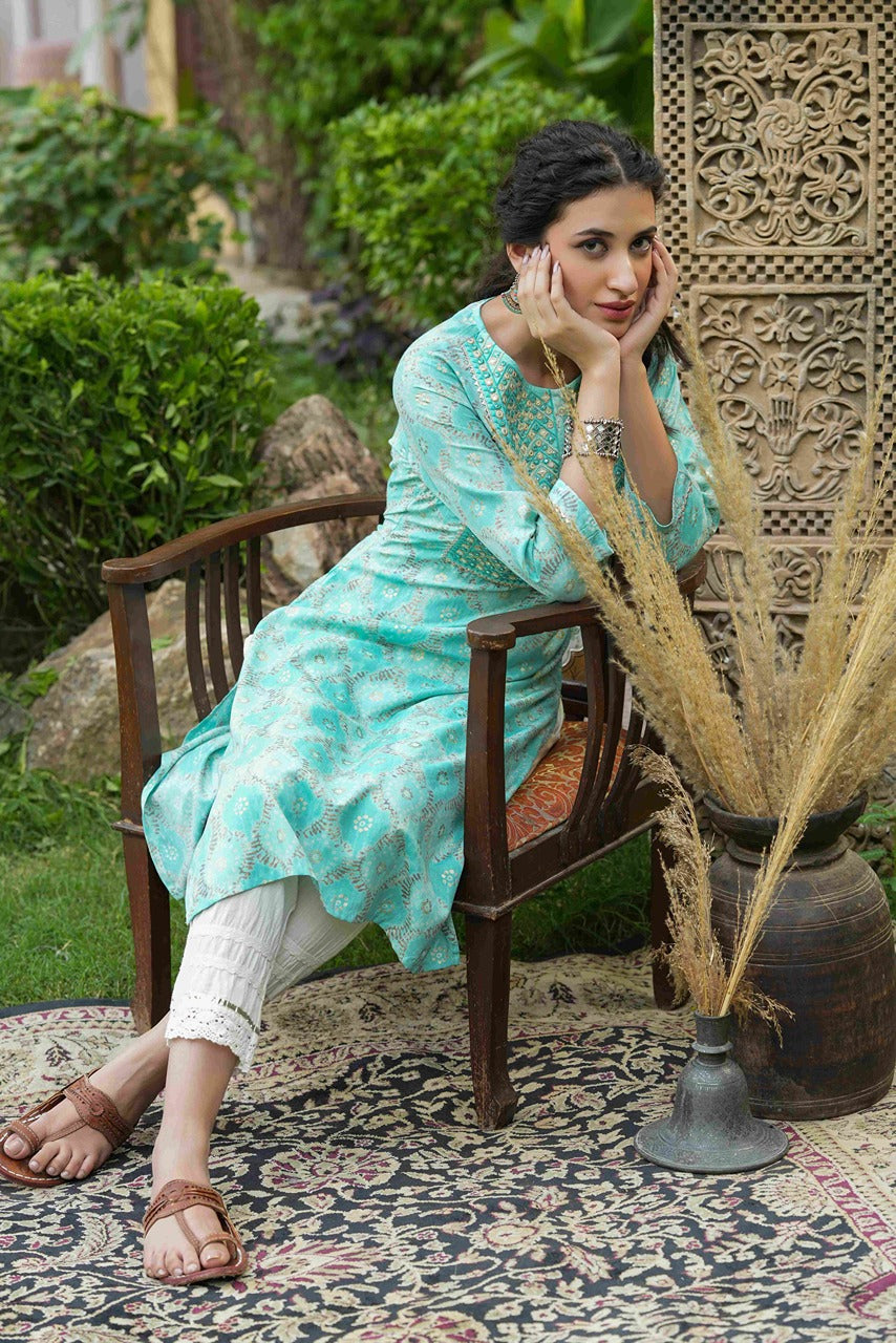 Women's  Olive Rayon Flex Embroidered A-Line Kurta