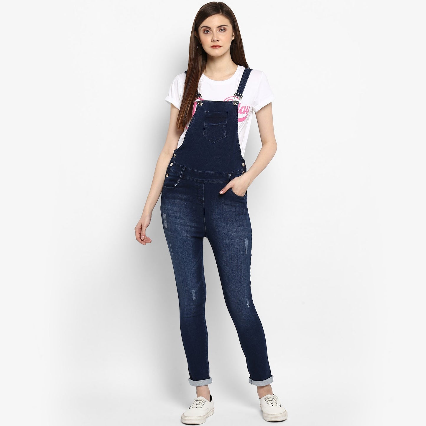 Women's Stretchable Denim Washed effect Capri Style Dungarees(inner not provided)