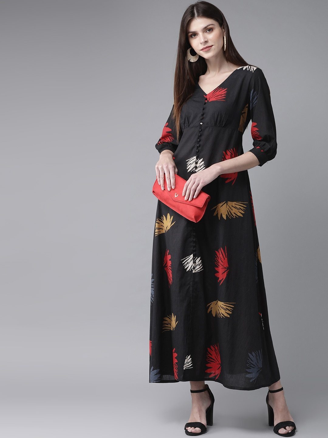 Women's  Black & Red Printed Maxi Dress