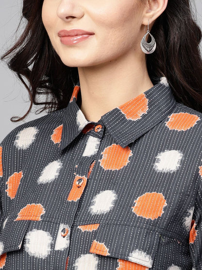 Women's  Navy Blue & Orange Printed Straight Kurta