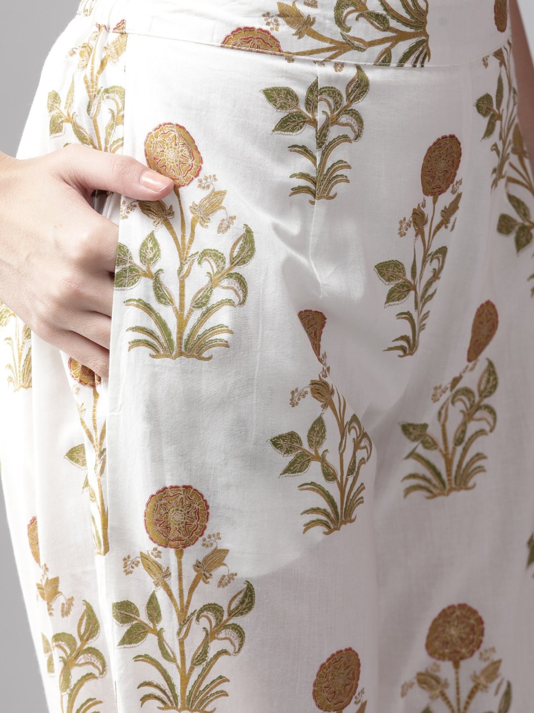 Women's  White & Olive Green Printed Kurta with Sharara
