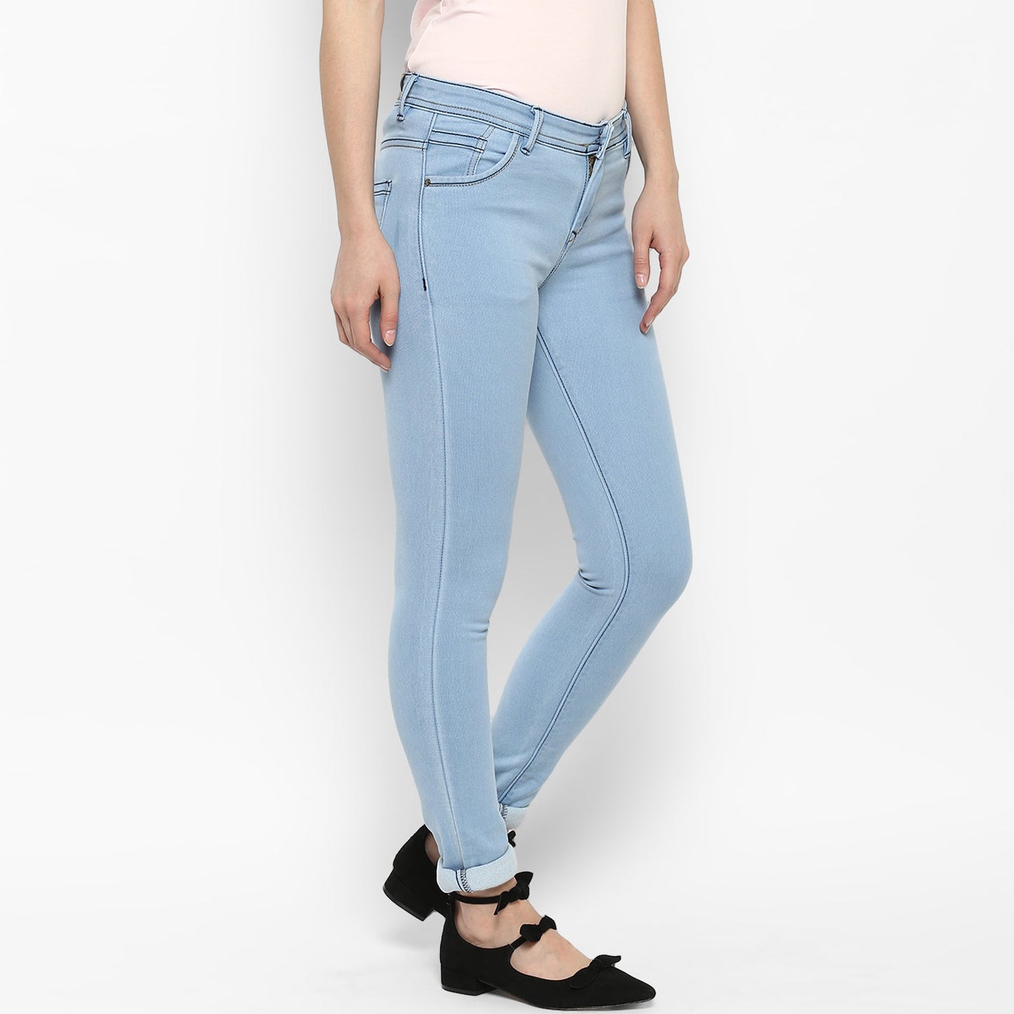Women's Ice Blue Lycra Denim Distressed Jeans