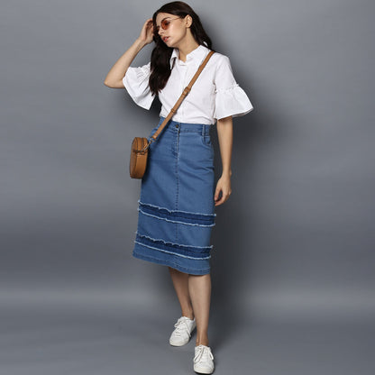 Women's Denim Distressed Strip Skirt