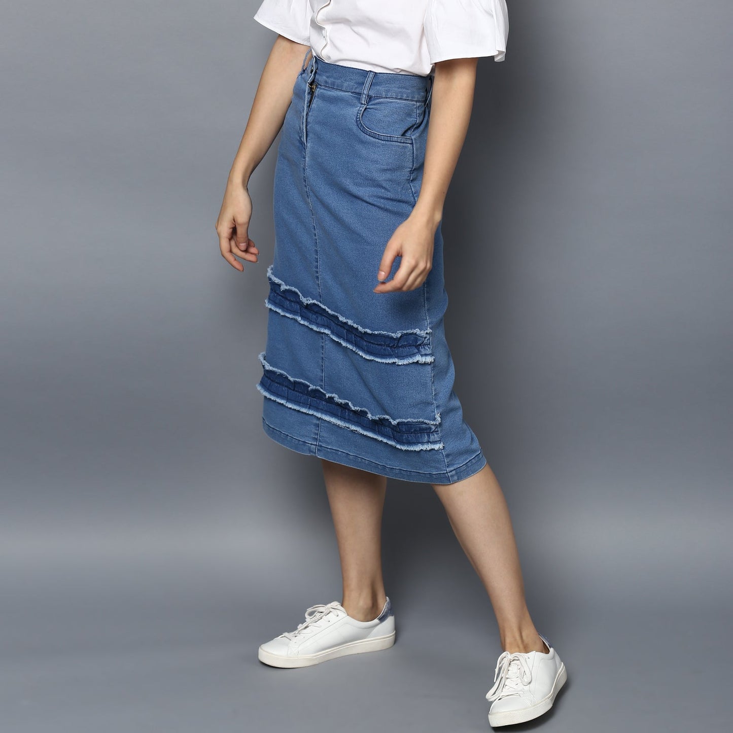 Women's Denim Distressed Strip Skirt