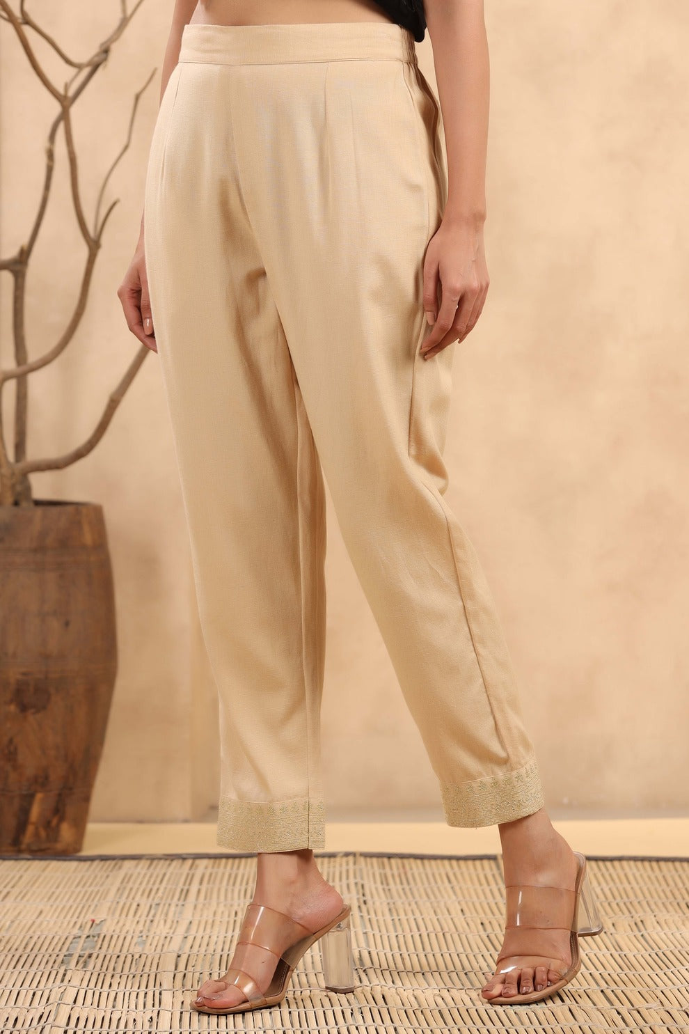 Women's  Gold Rayon Casual Wear Solid Straight Pants