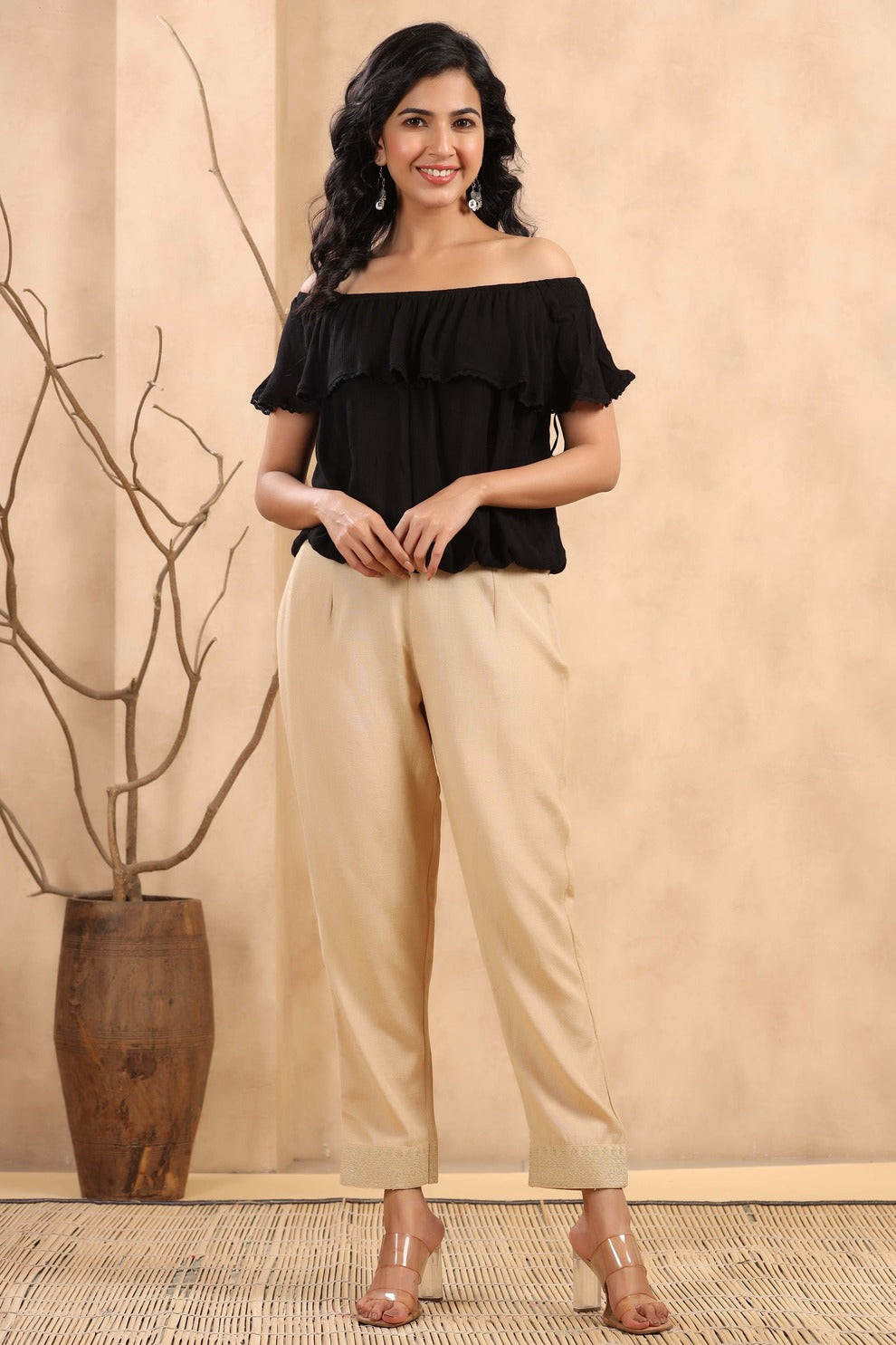 Women's  Gold Rayon Casual Wear Solid Straight Pants