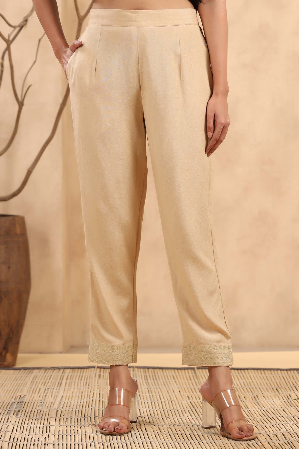Women's  Gold Rayon Casual Wear Solid Straight Pants