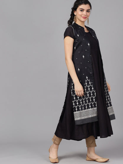 Women's  Black & Silver-Toned Embroidered Anarkali Kurta