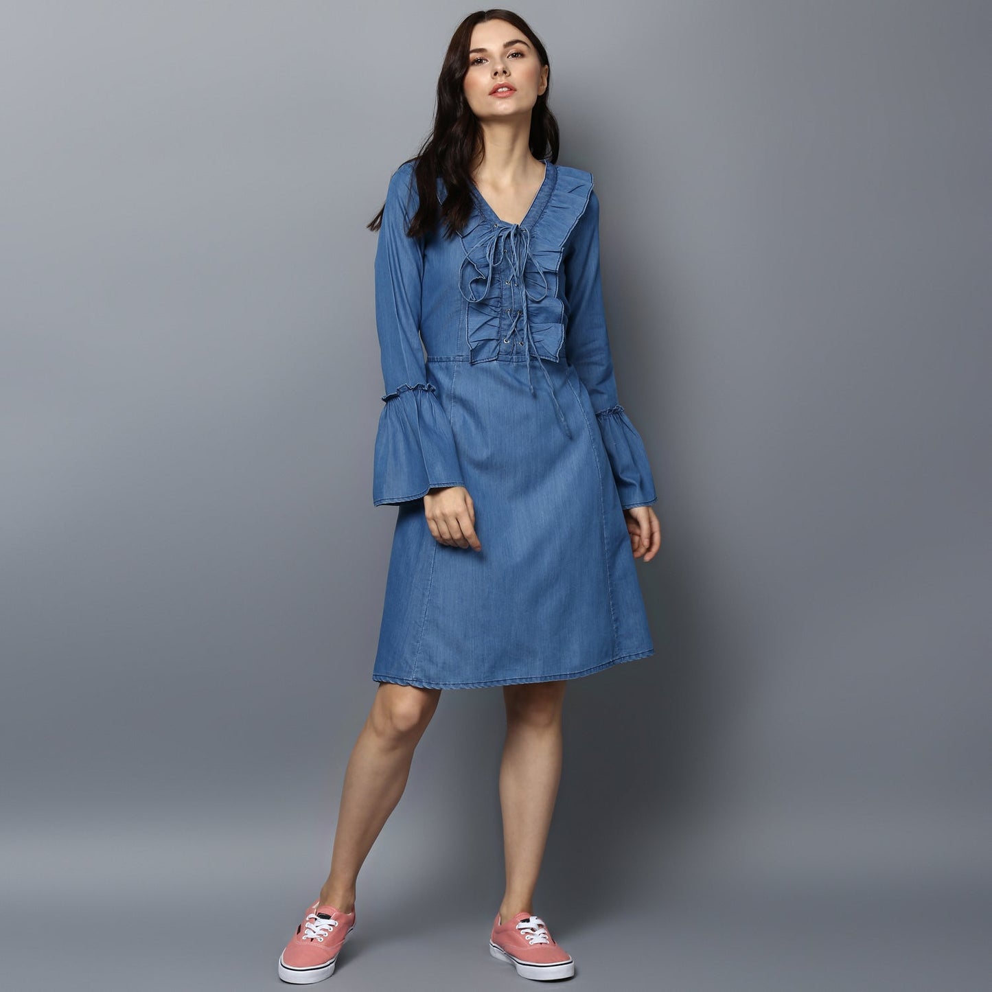 Women's Denim Draw String and Bell Sleeve Dress