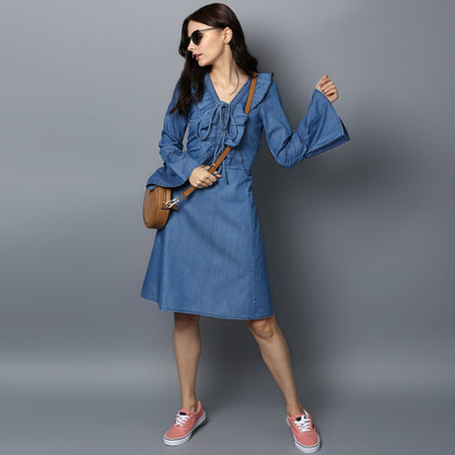 Women's Denim Draw String and Bell Sleeve Dress