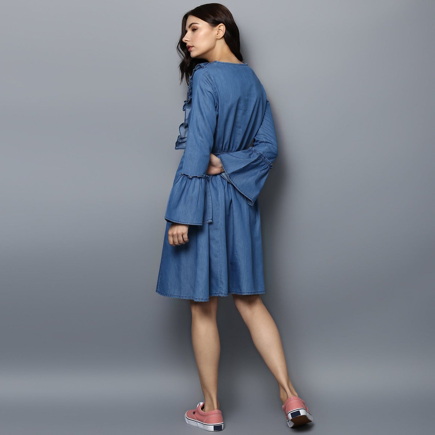 Women's Denim Draw String and Bell Sleeve Dress
