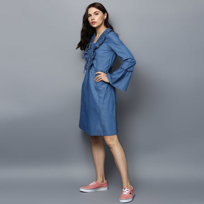 Women's Denim Draw String and Bell Sleeve Dress