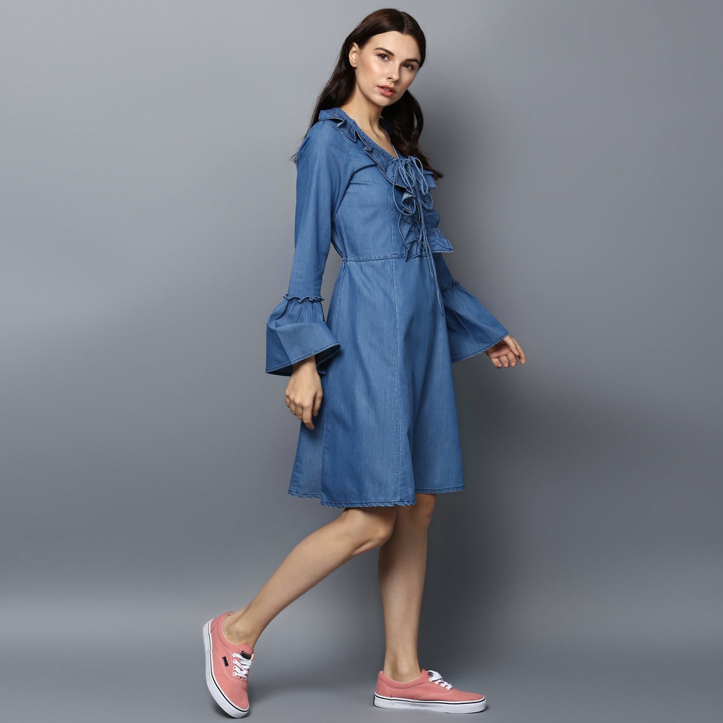 Women's Denim Draw String and Bell Sleeve Dress