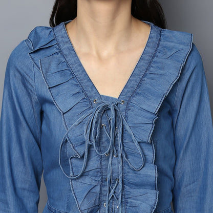 Women's Denim Draw String and Bell Sleeve Dress