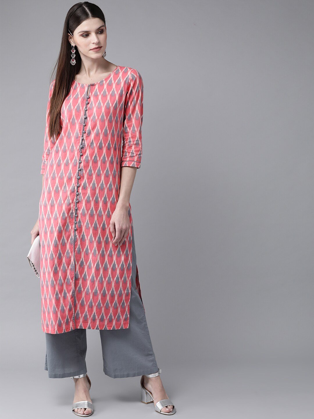 Women's  Pink & Grey Printed Straight Kurta