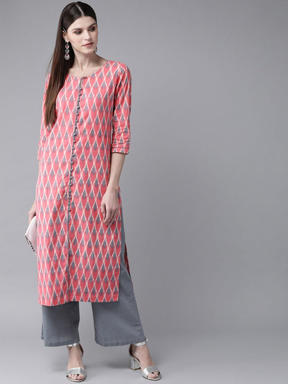 Women's  Pink & Grey Printed Straight Kurta