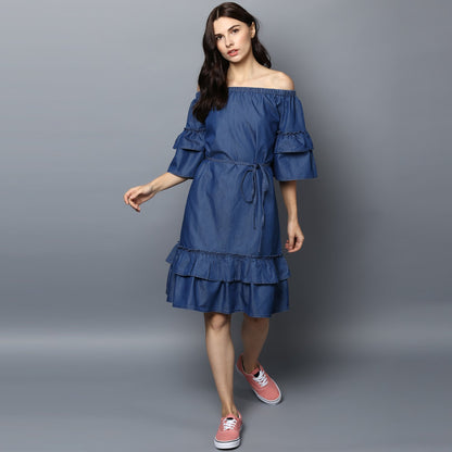Women's Denim Off Shoulder Tier Sleeve Dress