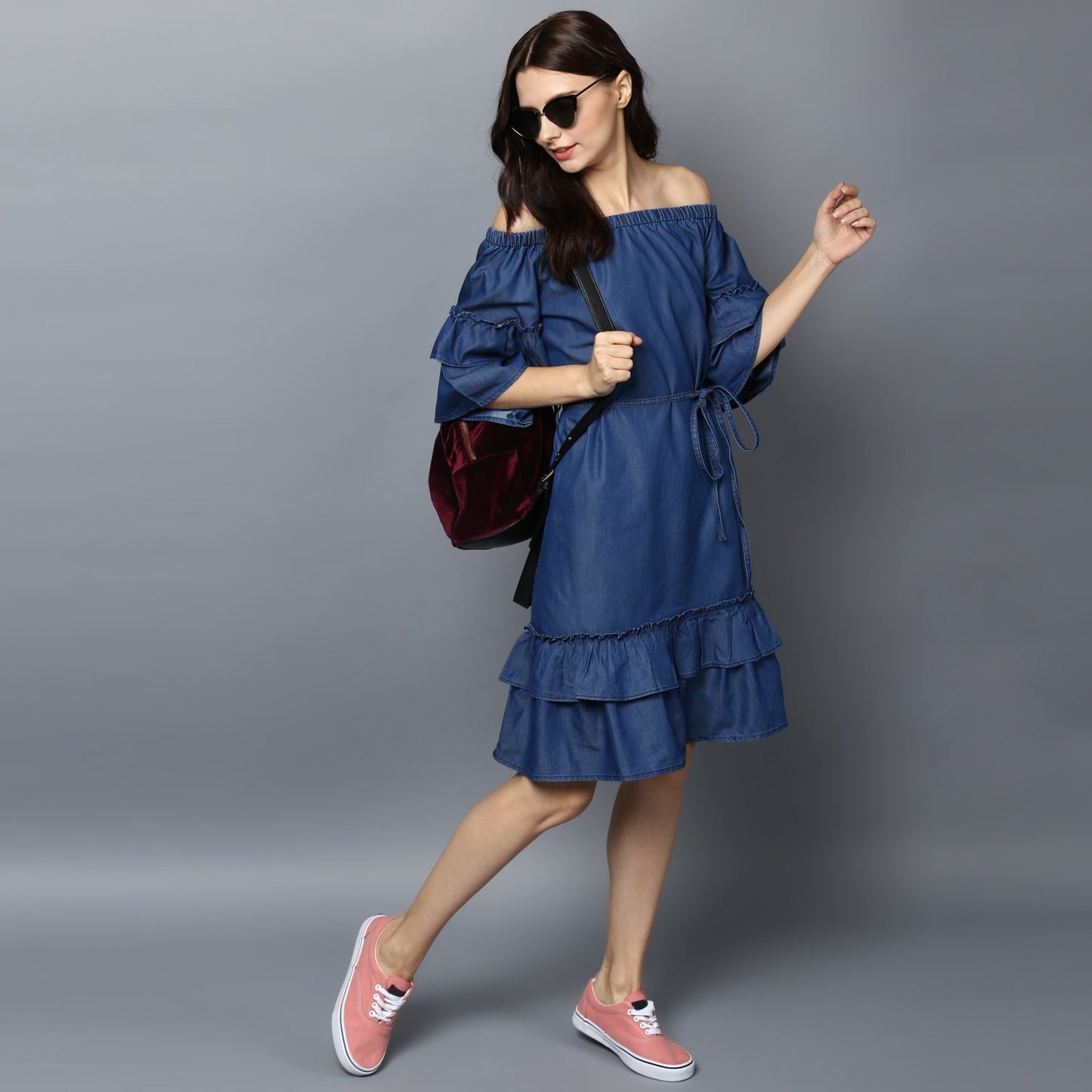 Women's Denim Off Shoulder Tier Sleeve Dress