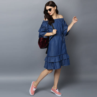 Women's Denim Off Shoulder Tier Sleeve Dress