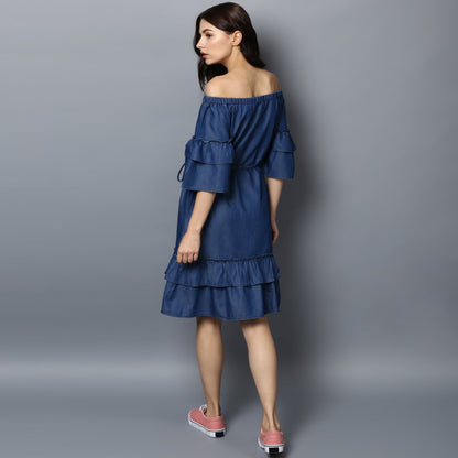 Women's Denim Off Shoulder Tier Sleeve Dress