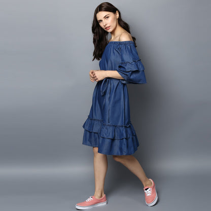 Women's Denim Off Shoulder Tier Sleeve Dress