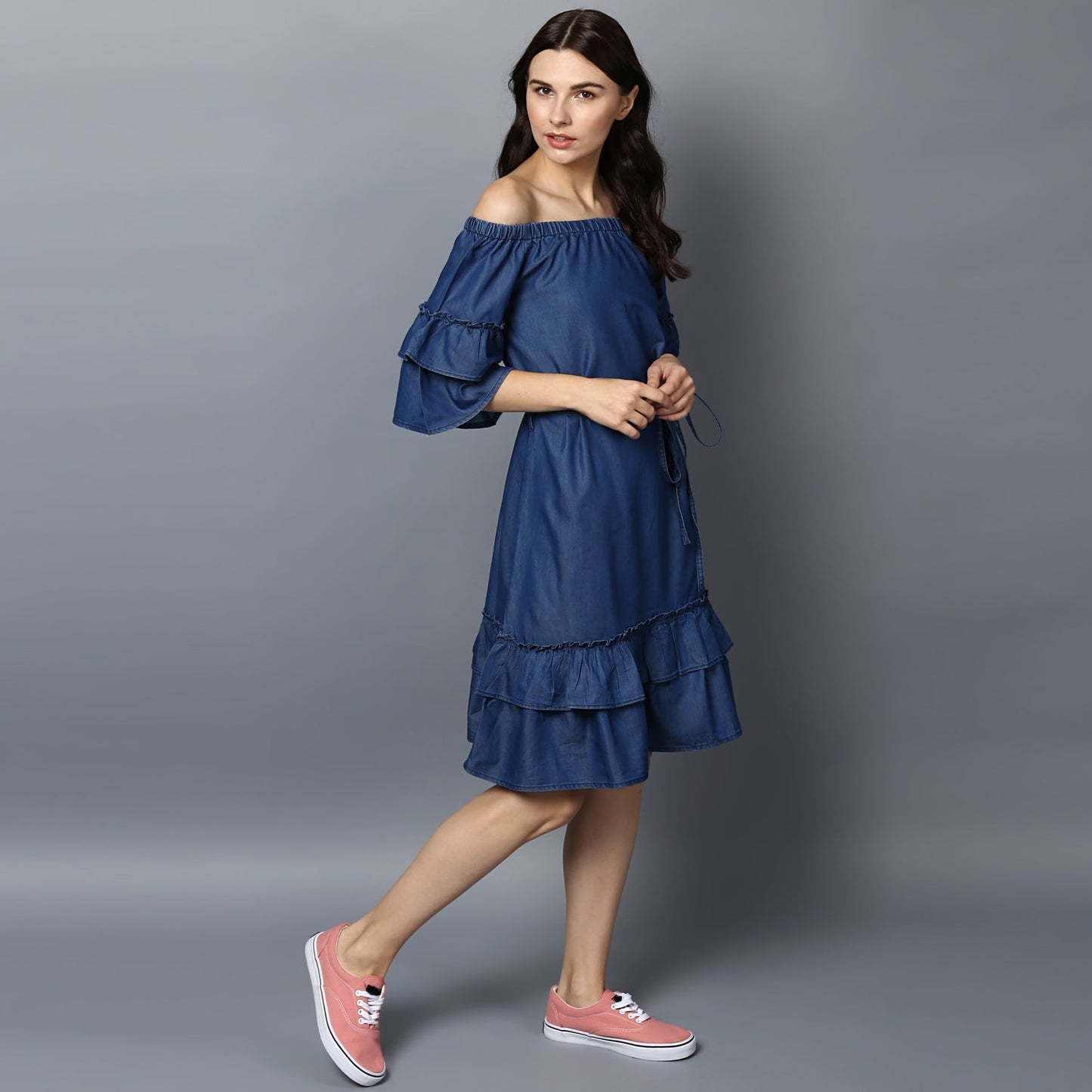 Women's Denim Off Shoulder Tier Sleeve Dress